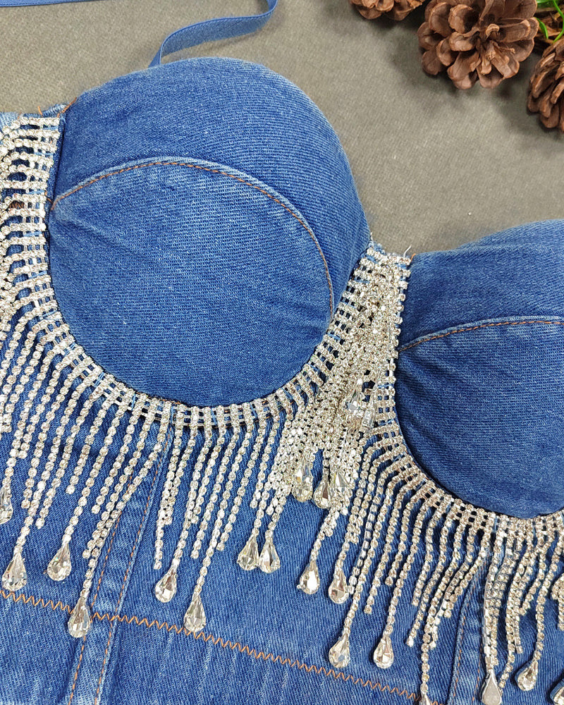 Slim Fit Denim Rhinestone Tassel Beaded Chest Wrap