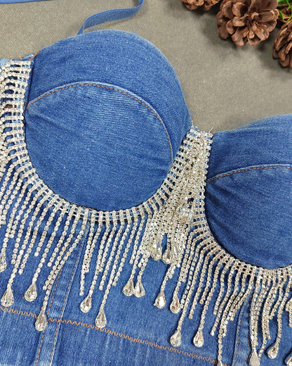 Slim Fit Denim Rhinestone Tassel Beaded Chest Wrap