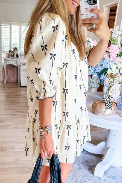 Beige Cute Bowknot Printed Bubble Sleeve V Neck Mini Dress