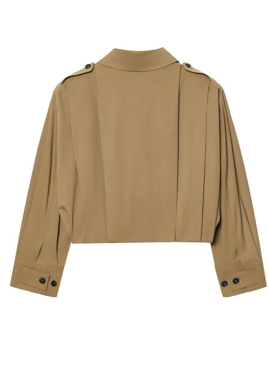 Cropped Button-Up Jacket with Epaulettes – Khaki