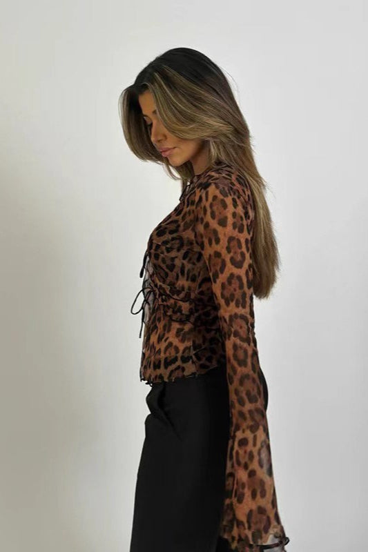 Sexy Leopard Print Sheer V-Neck Blouse