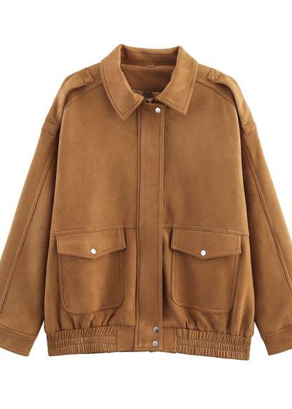 Suede-Effect Oversized Jacket with Front Pockets – Brown