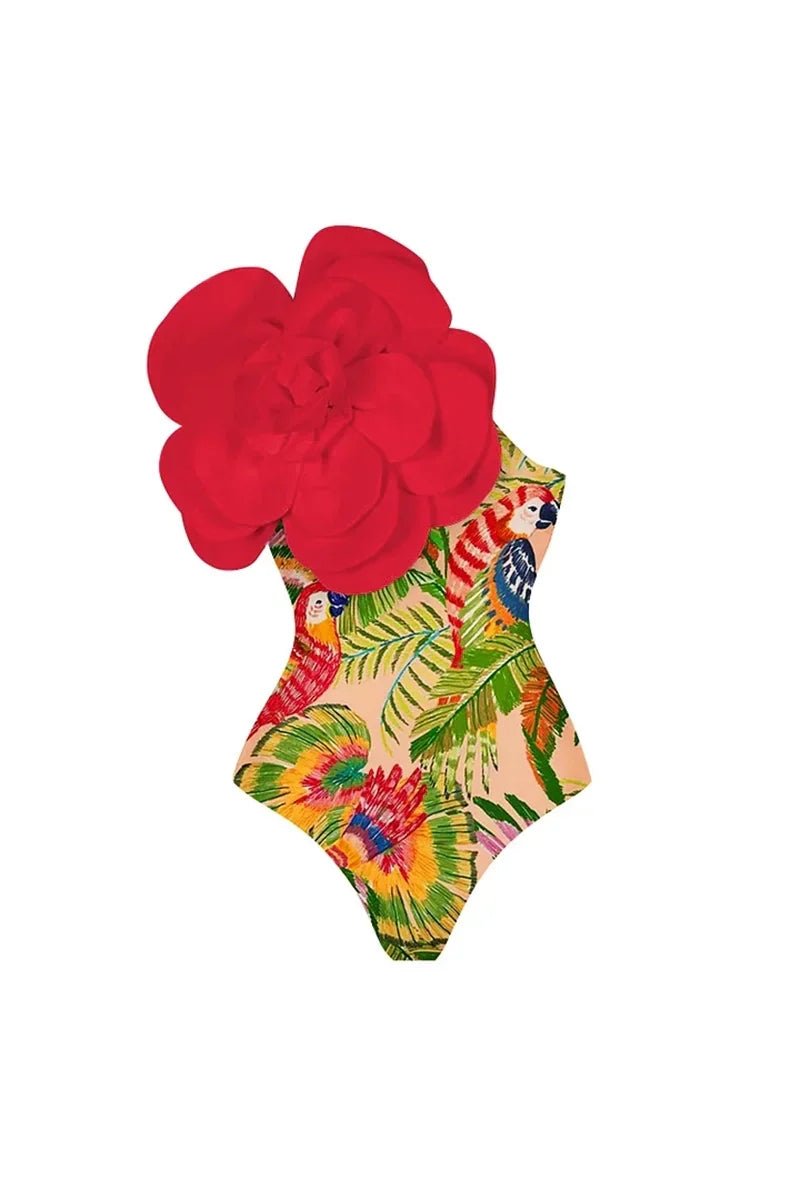 3D Red Floral Embellished One-Piece Swimsuit
