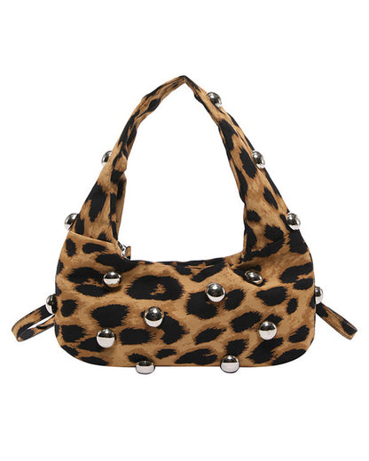 Leopard Print Retro Punk Style Studded Shoulder Bag