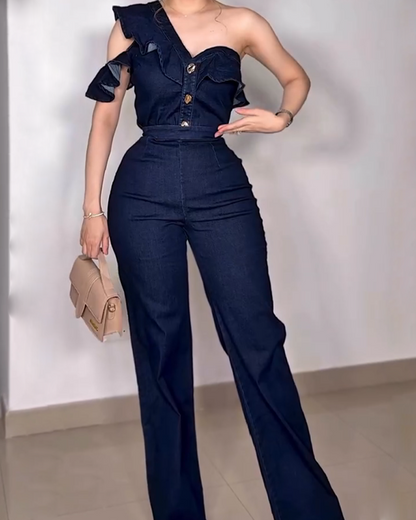 One-Shoulder High-Waist Denim Set (Pre-Sale)