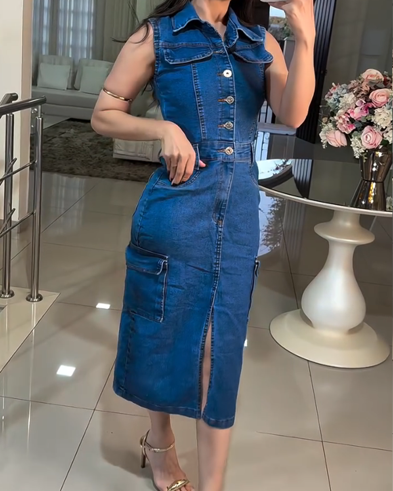 Sleeveless Slit Denim Dress (Pre-Sale)
