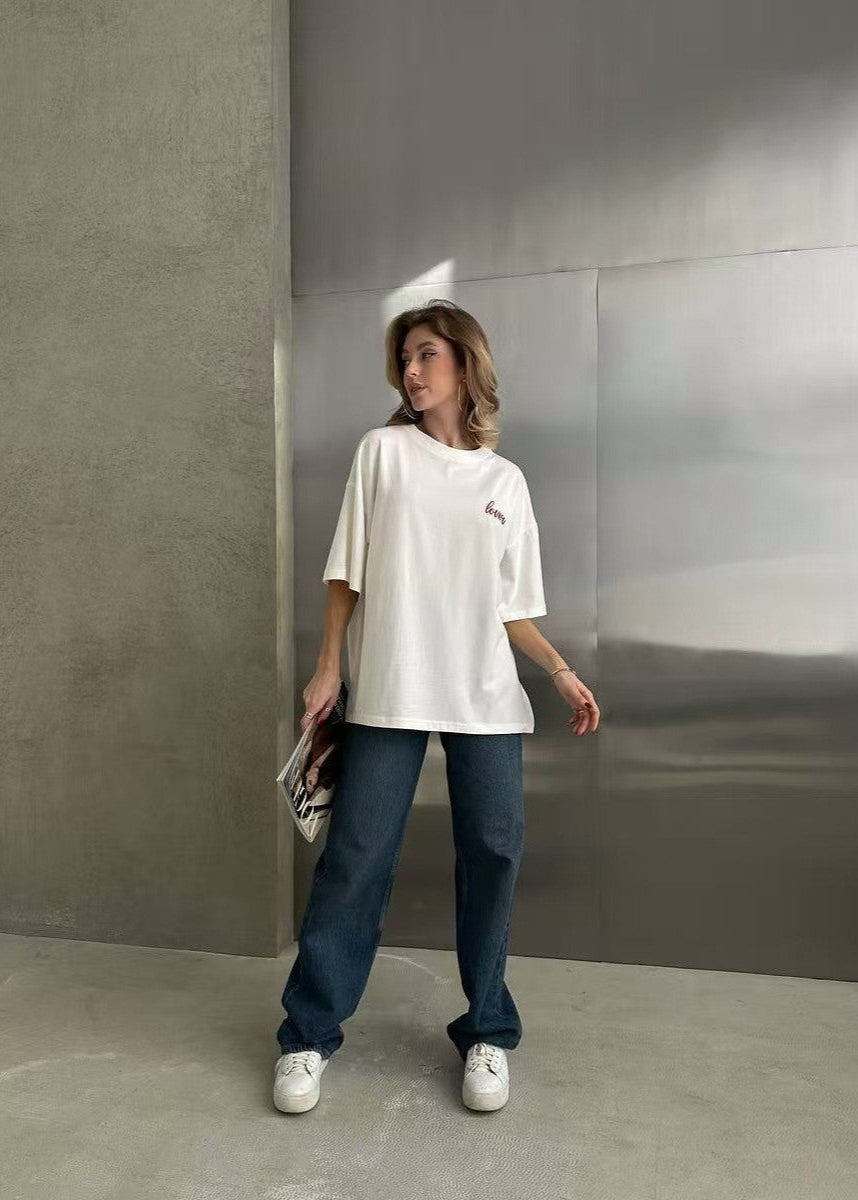 Lover Script Oversized Tee – White Statement Cotton T-Shirt
