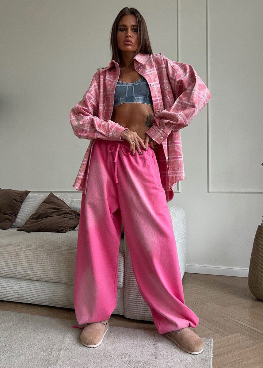Rowena - Distressed Pink Plaid Oversized Shirt