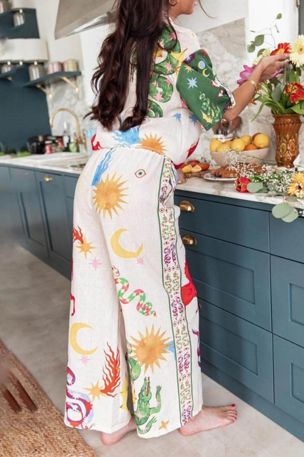 Conjunto de camisa holgada de manga corta y pantalón con cintura elástica con estampado único de belleza bohemia