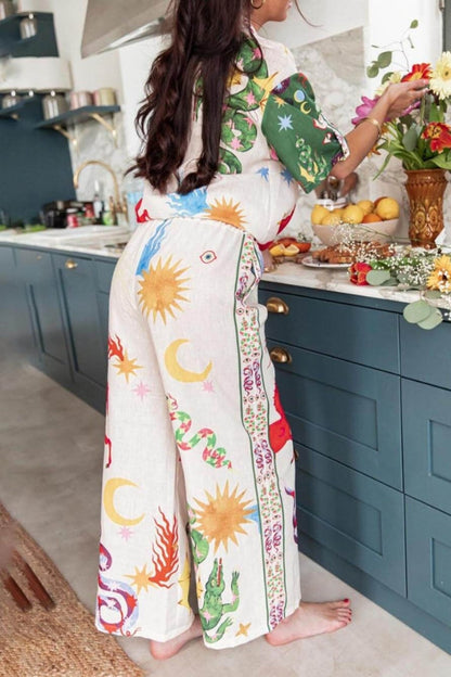 Conjunto de camisa holgada de manga corta y pantalón con cintura elástica con estampado único de belleza bohemia