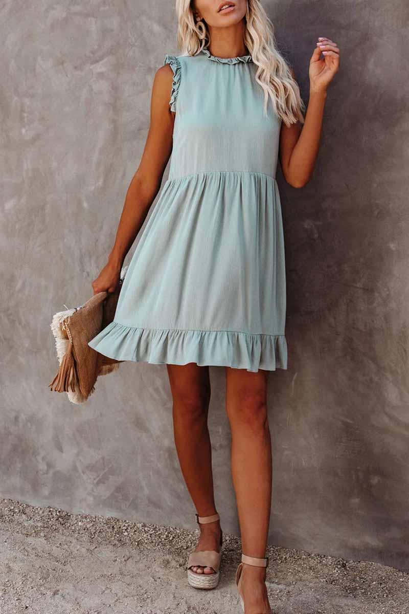 Solid Color Ruffled Waist Mini Dress
