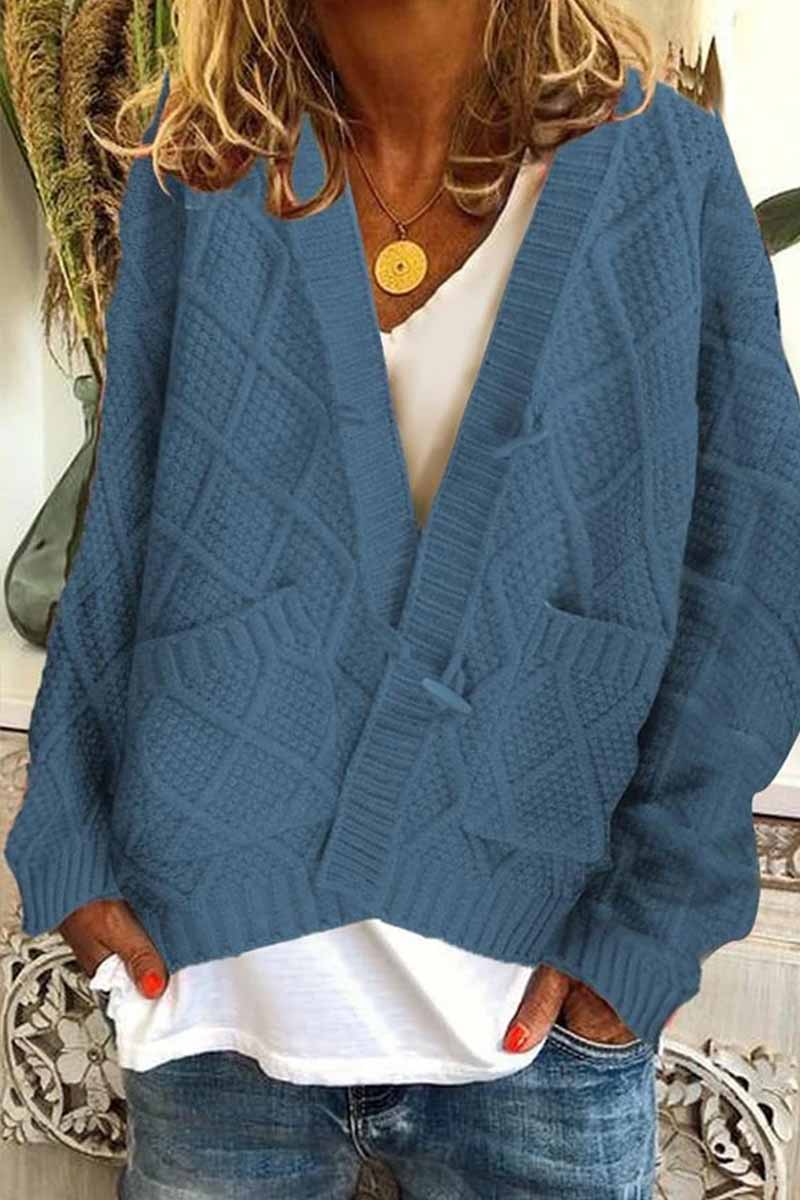Solid Ribbed Horn Buckle Pockets Cardigan(4 Colors)