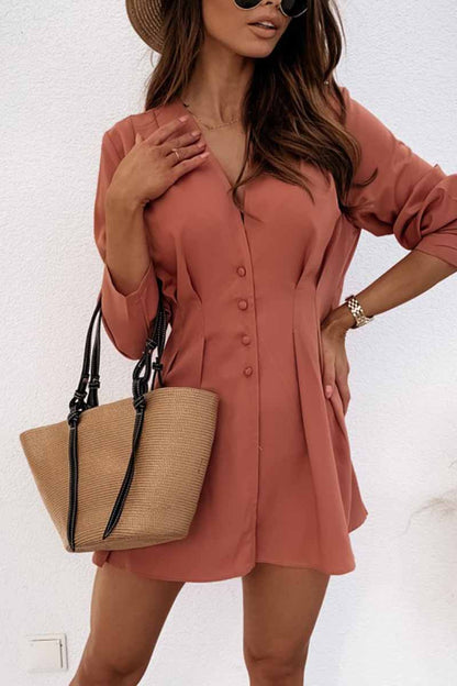 V-neck Button Long Sleeve Mini Dress