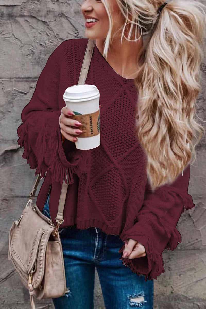 Solid Color Knitted Tassel Sweater