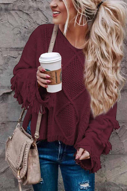 Solid Color Knitted Tassel Sweater