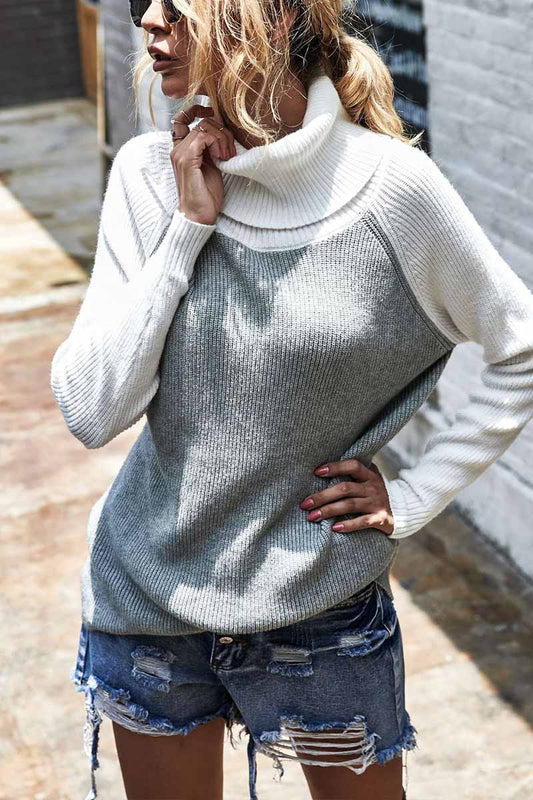 Contrasting High Neck Solid Sweater