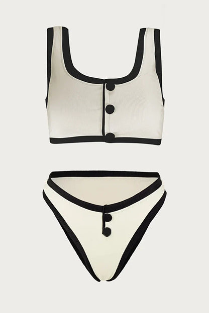 Elegant Contrast Button Detail Two-Piece Swimsuit
