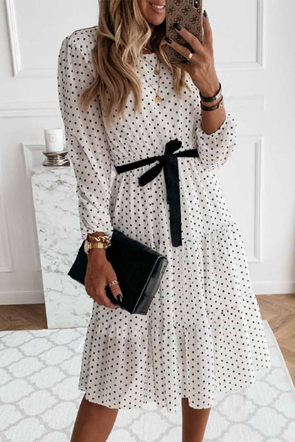 Elegant Dot Print Round Neck Tie Midi Dress