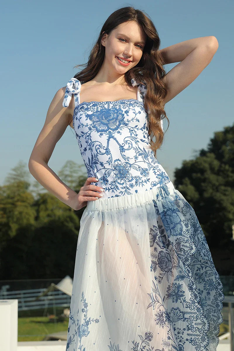 Floral Bow Tie One-Piece Swimsuit Set