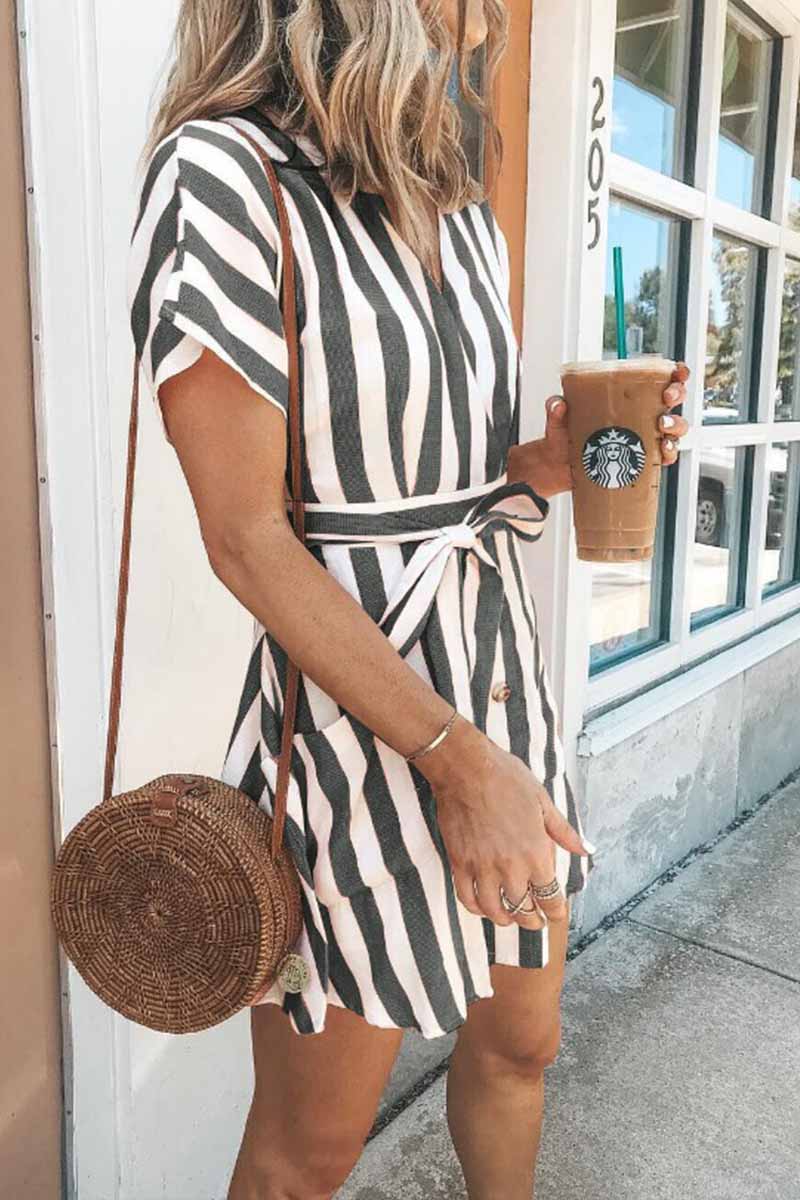 V-neck Button Striped Dress ( 2 Color)