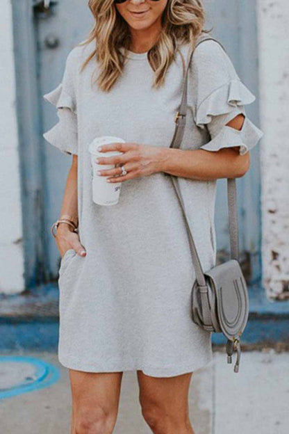 Solid Color O-neck Ruffle Mini Dress