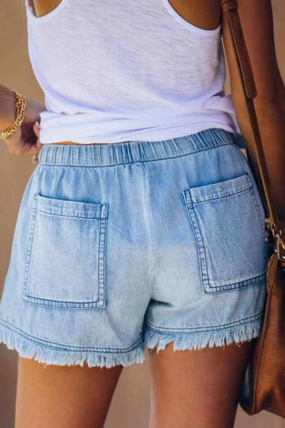 Lace-up Fringed Thin Denim Shorts