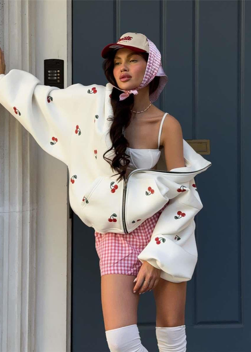 Cherry Mood - Oversized Zip-Up Hoodie with Puff Sleeves