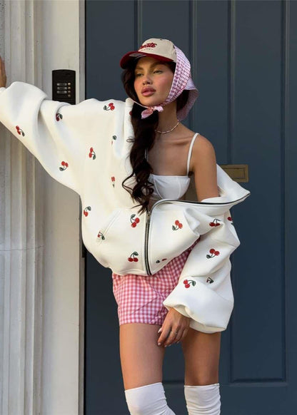 Cherry Mood - Oversized Zip-Up Hoodie with Puff Sleeves