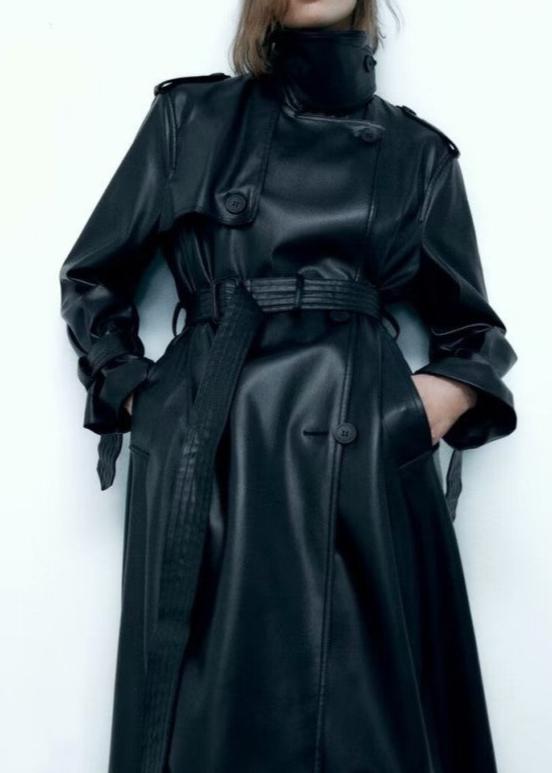 Black Belted Long Leather Wind Coat for Women