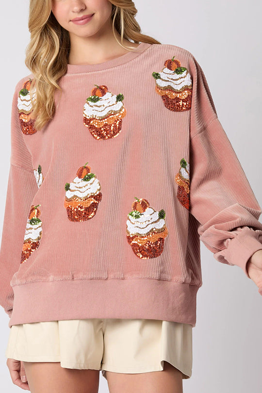 Sudadera holgada de cuello redondo con lentejuelas y diseño de pastel de calabaza navideño