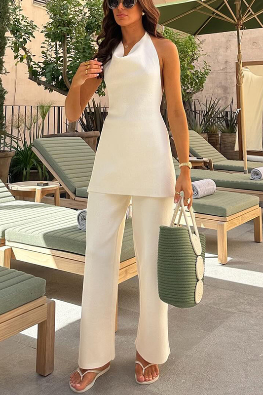 Traje de playa con cuello vuelto, top con lazo en la espalda y pantalón recto elástico