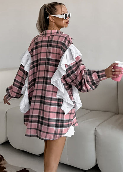 Ainsley Plaid Poplin Shirt - Pink Ruffle Accent Button-Up