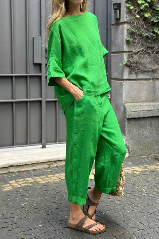 Conjunto informal de dos piezas de algodón y lino con cuello redondo y pantalones de color liso 