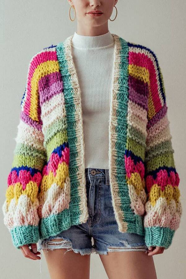 Colorful Striped Chunky Knit Cardigan Jacket