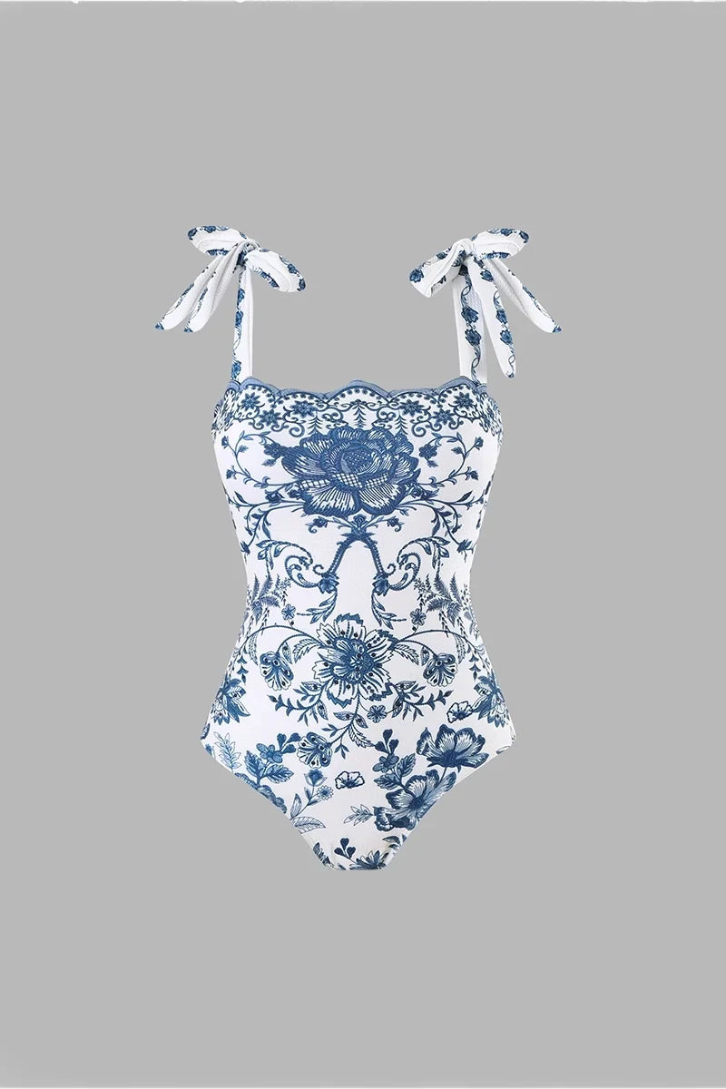 Floral Bow Tie One-Piece Swimsuit Set