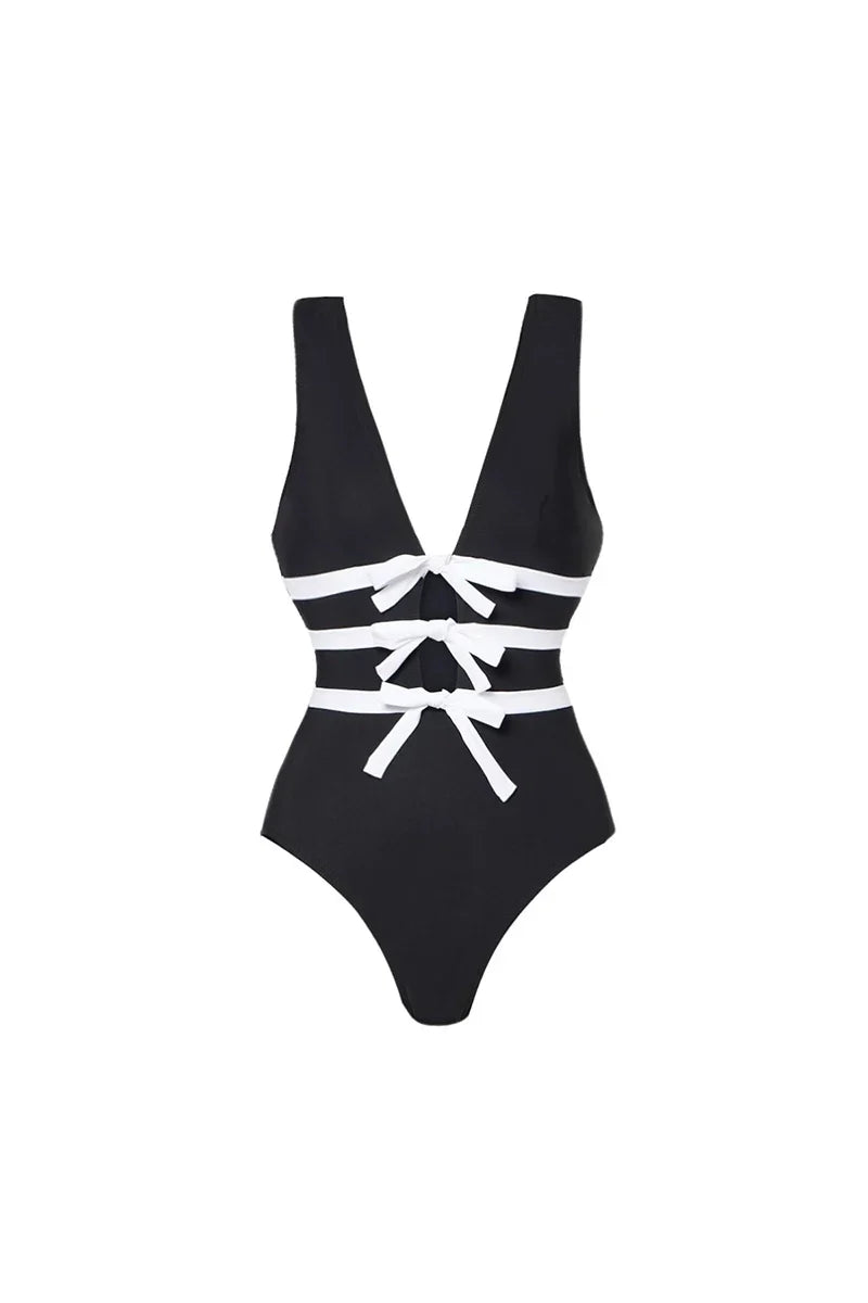 Cutout Black and White One-Piece Swimsuit