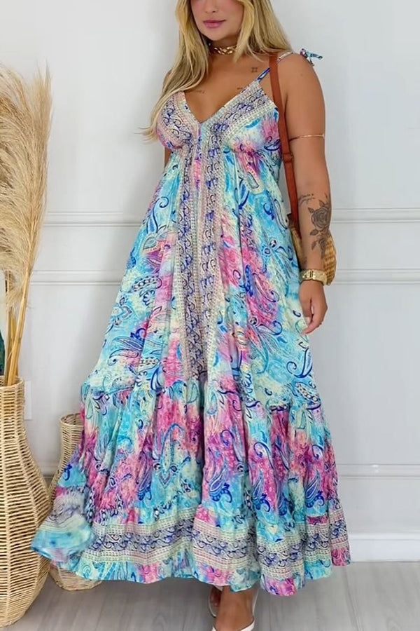 Bohemian Style Unique Print V-neck Suspender Holiday Maxi Dress