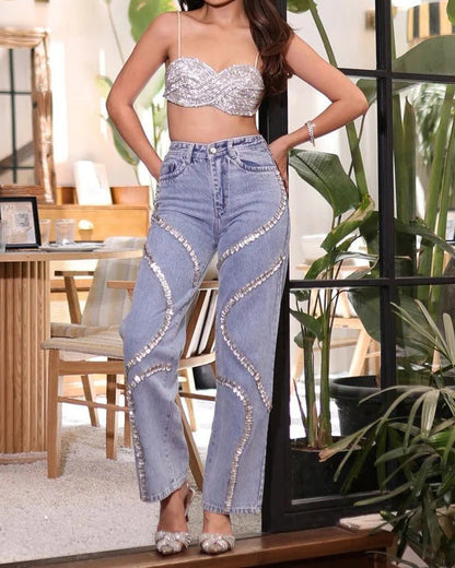 High-Waisted Rhinestone Paneled Straight-Leg Casual Jeans