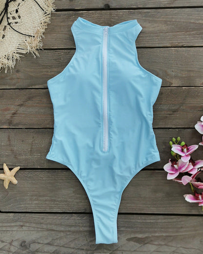 Solid Color Zipper Sleeveless Surfing One-Piece Swimsuit