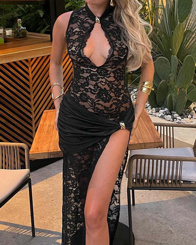 Lace Hollow High Slit Slim Sleeveless Dress