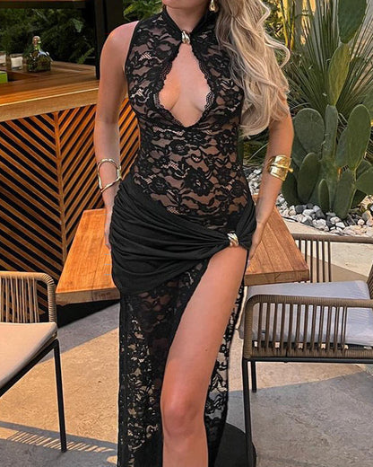 Lace Hollow High Slit Slim Sleeveless Dress