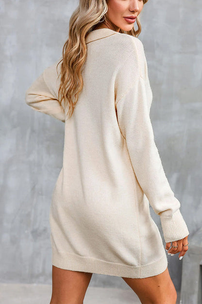 Apricot Polo Collar Knitted Mini Sweater Shift Dress