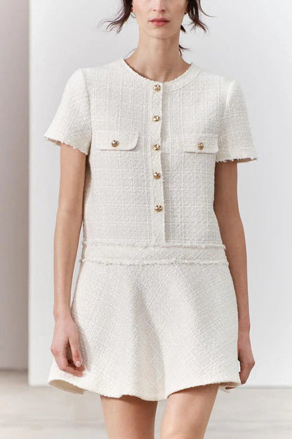 Vestido mini de tweed con textura de London Girl, manga corta, botones dorados y bolsillos, años 60