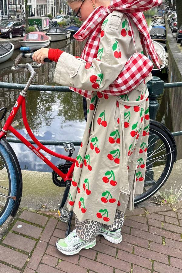 Fashion Fruit Print Long Coat Cherry Trench Coat