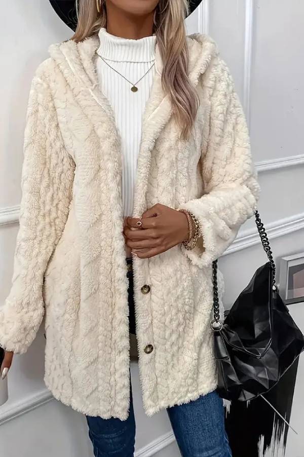 Abrigo de felpa con capucha y botones en la parte delantera con estampado texturizado de rombos