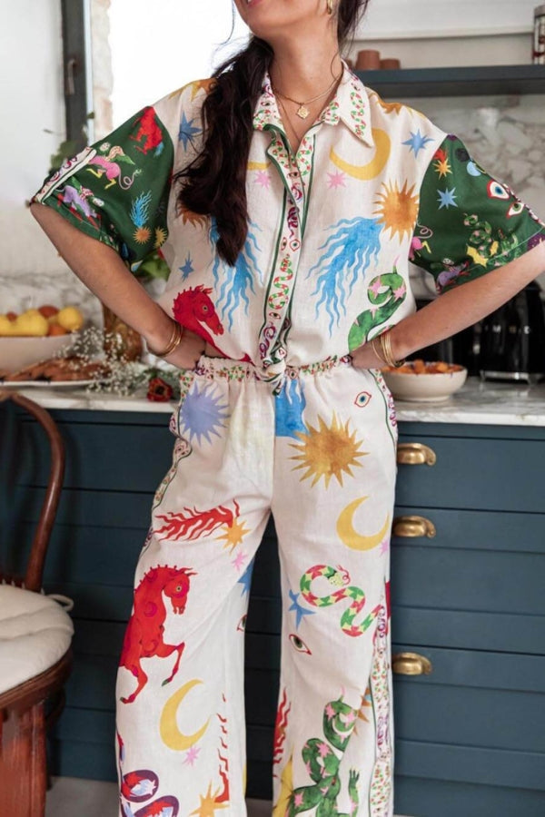 Conjunto de camisa holgada de manga corta y pantalón con cintura elástica con estampado único de belleza bohemia