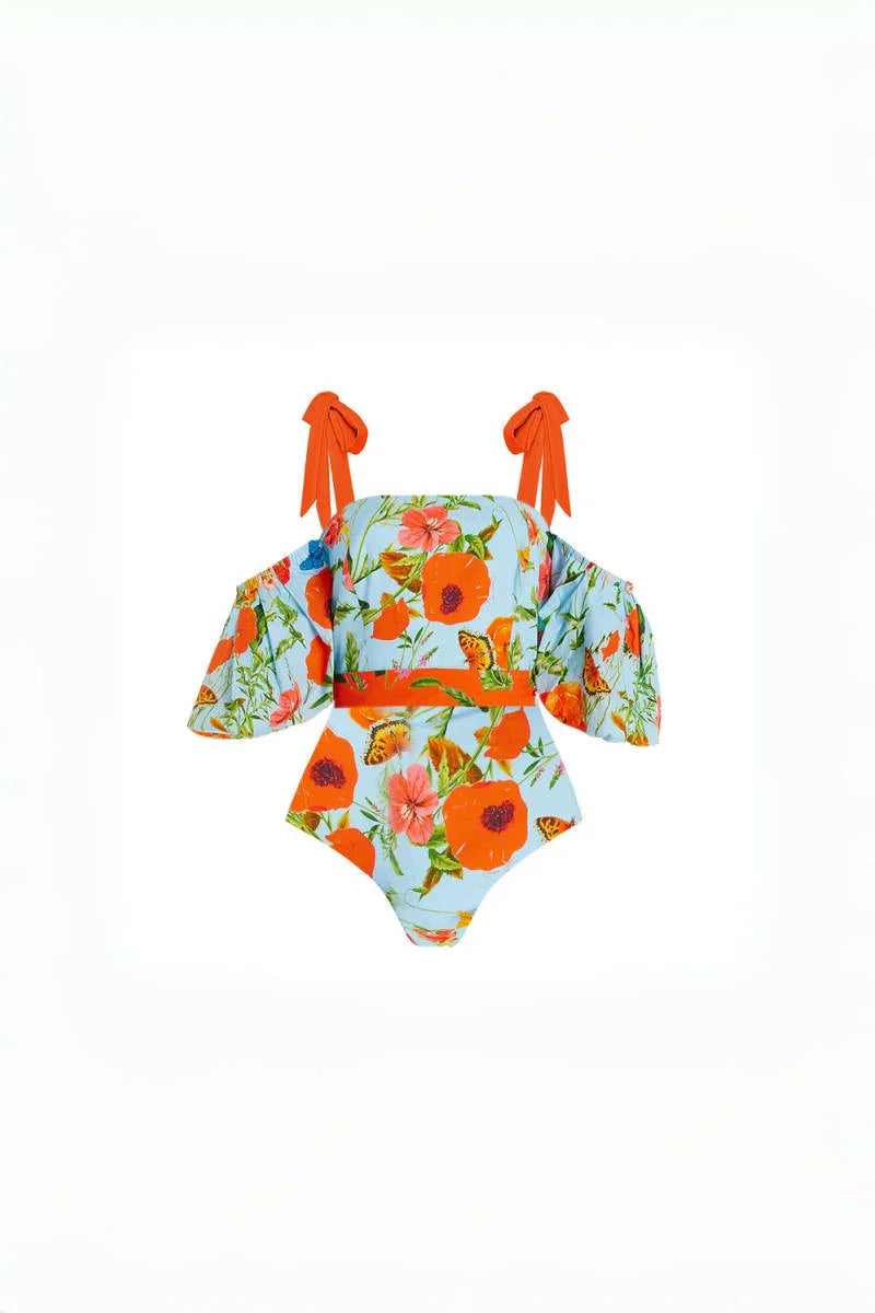 Floral Puff Sleeve Bandeau One-Piece Swimsuit