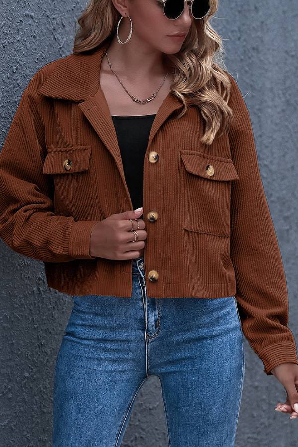 Flap Pockets Turn Down Collar Corduroy Shacket
