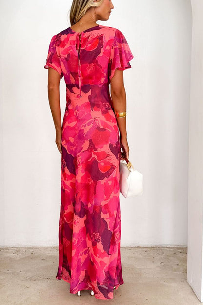 Abstract Print Short Sleeve Belted Wrap Midi Dress