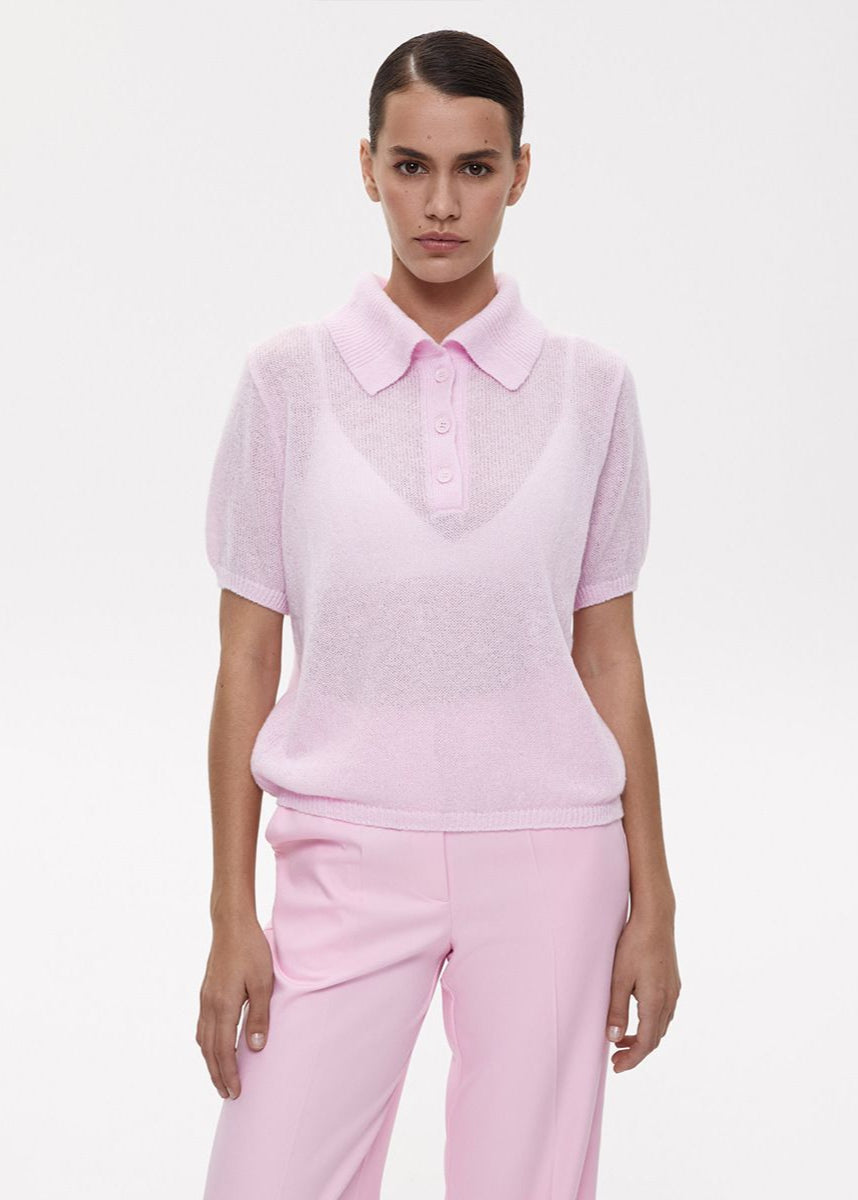 Luna Textured Knit Polo Top – Soft Pink Button-Up Tee